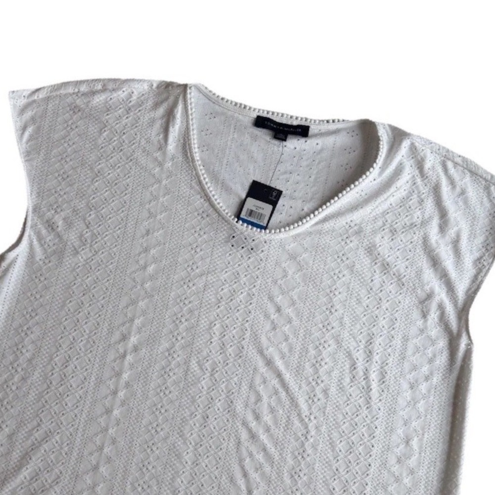 Tommy Hilfiger Women's White Eyelet Top‎ XL Casual Summer Stretch Classic